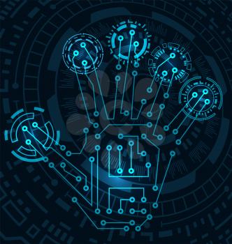 Abstract Hand with Scan, Electronic Technology Background, Circuit Lines, Hud Elements - Illustration Vector
