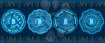 Mining Bitcoin Crypto Currency, BTC, Bit-coin. Futuristic Money. Blockchain. Processing Binary Data Arrays Operation - Illustration Vector