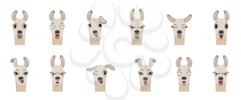 Heads of Lama with Different Emotions - Smiling, Sad, Anger, Aggression, Drowsiness, Fatigue, Malice, Surprise Fear - Illustration Vector