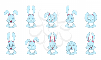 Heads of Rabbit with Different Emotions - Smiling, Sad, Anger, Aggression, Drowsiness, Fatigue, Malice Fear - Illustration Vector