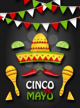 Holiday Background with Collection Mexican Colorful Symbols for Cinco de Mayo - Illustration Vector