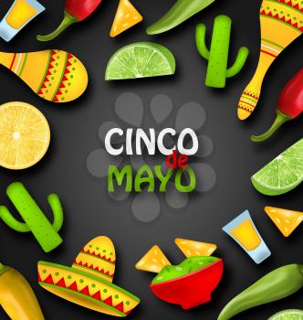 Holiday Celebration Banner for Cinco De Mayo with Chili Pepper, Sombrero Hat, Maracas, Mexican Food, Cactus - Illustration Vector