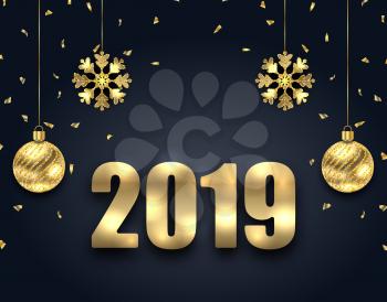 New Year Dark Background with Golden Balls, Snowflakes. Greeting Banner - Illustration Vector