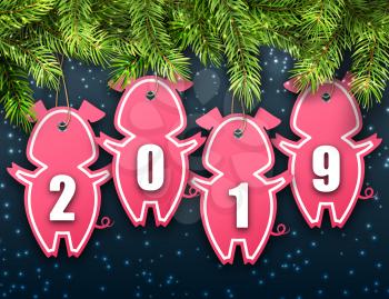 Celebration Wallpaper with Fir Spruces and Stickers Pigs for Happy New Year 2019 - Illustration Vector