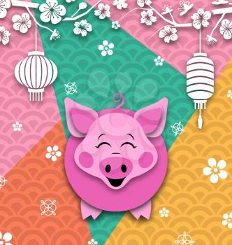 Happy Chinese New Year Card with Cartoon Pig. Spring Sakura Flowers - Illustration Vector