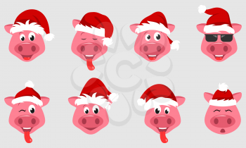 Collection Christmas Pigs with Santa Hats. Symbol New Year - Illustration Vector
