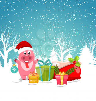 Smiling with Christmas Gift-Boxes. Winter Nature Forest - Illustration Vector