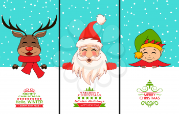 Cheerful Santa Claus, Christmas Deer, Baby Elf. Cartoon Characters with Celebration Cards - Illustration Vector