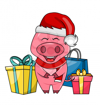 Cute Santa Pig with Gift Boxes, Merry Christmas and Happy New Year - Illustration Vector