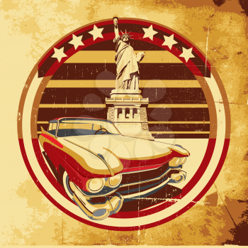 Royalty Free Clipart Image of an Old Car and the Statue of Liberty