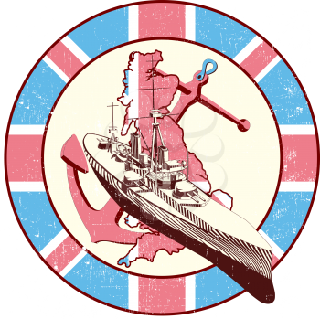 Royalty Free Clipart Image of a Warship on a Map of Great Britain