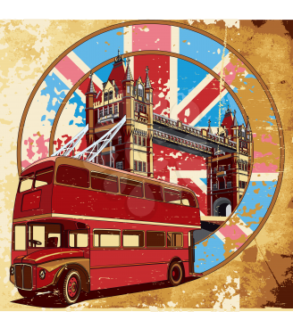 Royalty Free Clipart Image of a Double Decker Bus on a Vintage English Background
