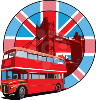 Royalty Free Clipart Image of a Double Decker Bus on an English Background