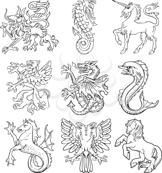 Vectorial pictograms of most heraldic monsters, executed in style of gravure on wood. No dlends, gradients and strokes.