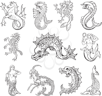 Vectorial pictograms of most heraldic sea monsters, executed in style of gravure on wood. No dlends, gradients and strokes.
