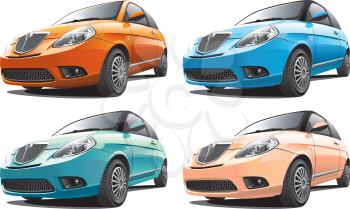 Detailed image of smart modern car isolated on white background, executed in four color variants. File contains gradients. No blends and strokes.