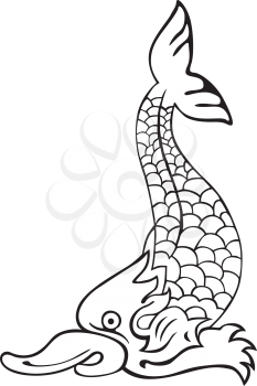 Vectorial pictogram of most heraldic sea monster - dolphin, executed in style of gravure on wood. No dlends, gradients and strokes.