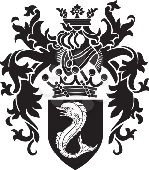 Vector image of black medieval heraldic silhouette, executed in woodcut style, isolated on white background. No blends, gradients and strokes.