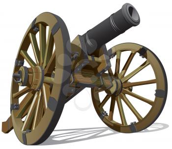 High quality photorealistic illustration of typical field gun of times of American Civil War, isolated on white background. 