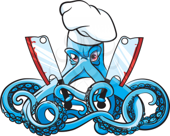 Vector colourful illustration of octopus in the chef's hat with two cleavers in his tentacles, isolated on white background. File doesn't contains gradients, blends, transparency and strokes or other special visual effects. You can open this file with any vector graphics editors.