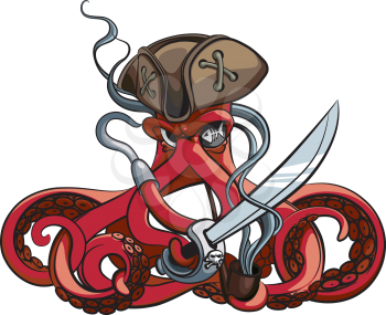 Vector colourful illustration of one-eyed octopus in the tricorn with saber and tobacco pipe in his tentacles, isolated on white background. File doesn't contains gradients, blends, transparency and strokes or other special visual effects. You can open this file with any vector graphics editors.