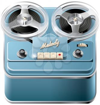 Vector icon of vintage reel-to-reel audio tape recorder, isolated on white background. File contains gradients, blends and transparency. No strokes.