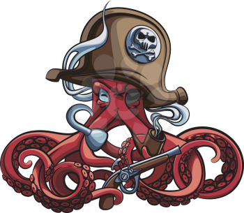 Vector colourful illustration of one-eyed octopus in the tricorn with pistol and tobacco pipe in his tentacles, isolated on white background. File doesn't contains gradients, blends, transparency and strokes or other special visual effects. You can open this file with any vector graphics editors.