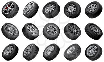 Bundle of high quality vector illustrations of automobile wheels, isolated on white background. File contains gradients, blends and transparency. No strokes. Easily edit: file is divided into logical layers and groups.