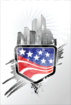 Royalty Free Clipart Image of a USA Emblem With Buildings