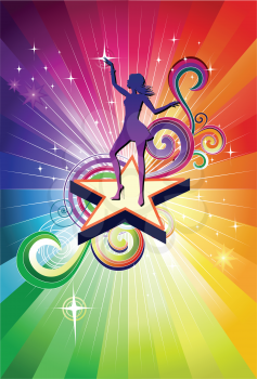 Royalty Free Clipart Image of a Colorful Background With a Girl Dancing