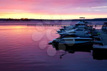 Royalty Free Photo of Boats on the St. Lawrence at Sunrise
