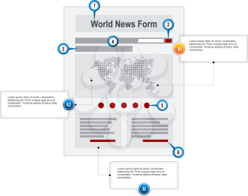World News Internet Web Page Wireframe Structure Prototype  with pointer markers and callouts vector