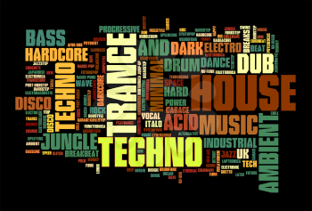 Electronic Techno Music Styles Word Cloud Bubble vector isolated on black