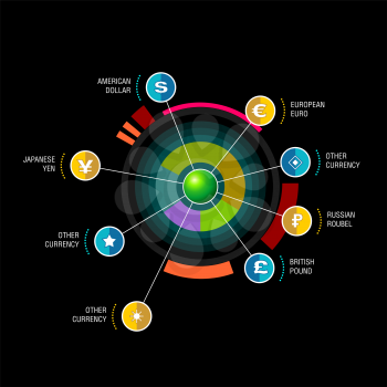 Vector round diagram with beam pointers infographic design template. Planetary concept with 8 options. Data visualization illustration suitable for web design.
