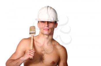 handsome guy shirtless in hard hat and brash isolated on white