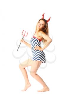 glamour Devil - sexy brunette with horns smirking isolated on white