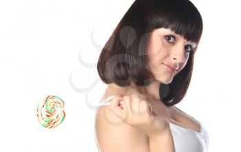 closeup of brunette with rainbow lollipop isolated on white