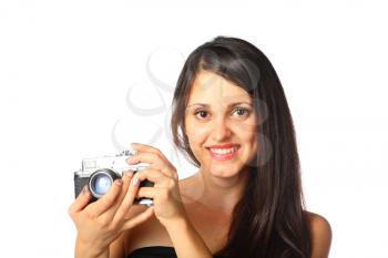 Close-up portrait of beautiful young woman, with photocamera