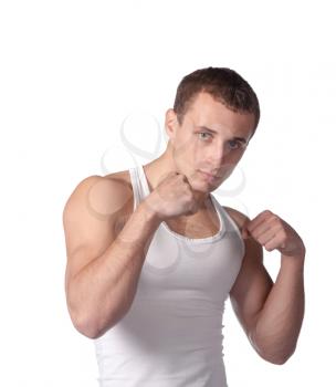 A man on a white background boxing.