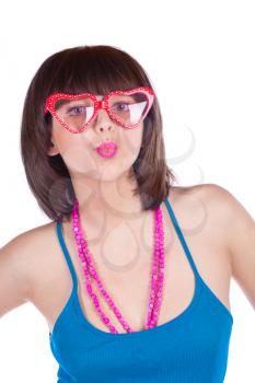 brunette girl in funny sunglasses on the white background