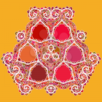 Oriental mandala motif round lase pattern on the yellow background, like snowflake or mehndi paint of orange color. Ethnic backgrounds concept. what is karma?