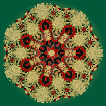 Oriental mandala motif round lase pattern on the green background, like snowflake or mehndi paint colorful background