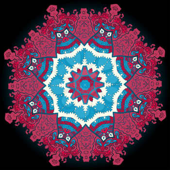 Oriental mandala motif round lase pattern on the black background, like snowflake or mehndi paint of deep red color
