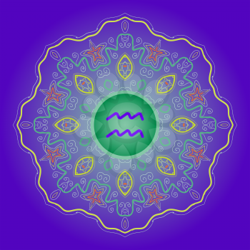 zodiac sign Water Bearer (Aquarius). Vector with zodiac sign on mandala motif pattern.] blue