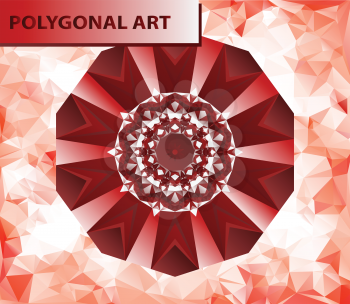 Red mandala like chakra flower  design. Mehndi paint. Ornate lace, polygonal background