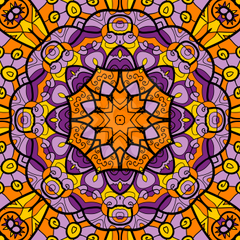 Kaleidoscopic Ornamental round seamless pattern with many details