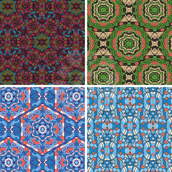 Seamless vector pattern oriental geometrical texture set of four in blue and green colors