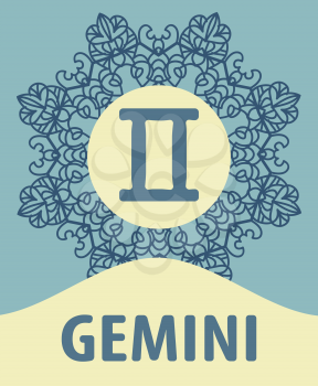 Zodiac sign Gemini. Abstract zodiac sign for talismans, textile prints, tattoo vector illustration on ornamental round lace pattern. Abstract vector tribal ethnic western zodiac star sign on ornate ma