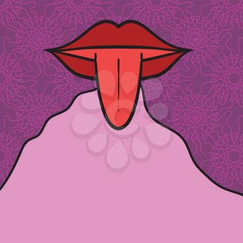 Women mouth open with tongue Out on pink background and place for text, copyspace, speech bubble. Retro Print wit a lot of space for text.