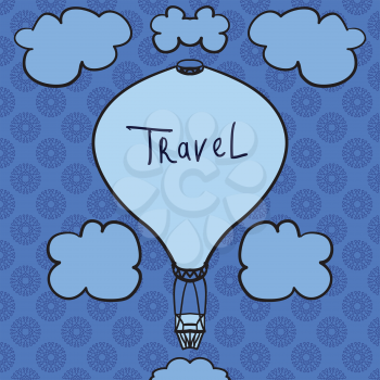 Hot air balloon design icon in the sky. Flat design style. Hot air balloon silhouette. Doodle icon. Modern flat icon in blue colors. Web site page and mobile app design element.
